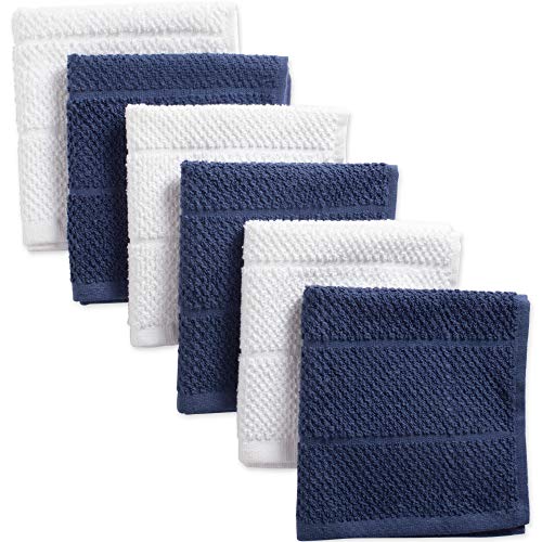 DII Cotton Luxury Chef Terry Dish Cloths, 12 x 12" Set of 6, Ultra-Absorbent Cleaning Drying Kitchen Towels-French Blue/White