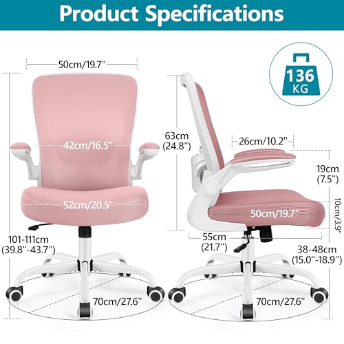Image of FelixKing Office Chair, Ergonomic Desk Chair Breathable Mesh Chairs Adjustable High Back Lumbar Support Flip-up Armrests, Executive Rolling Swivel Comfy Computer Chairs Home Office Rose Quartz