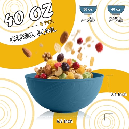Image of Unbreakable Large Cereal Bowls 40 OZ, Wheat Straw Bowls Set of 6, Alternative Plastic Bowls for Kitchen, Outdoors, Microwave & Dishwasher Safe Bowl Set for Salad, Cereal, Soup, Ramen, Multi