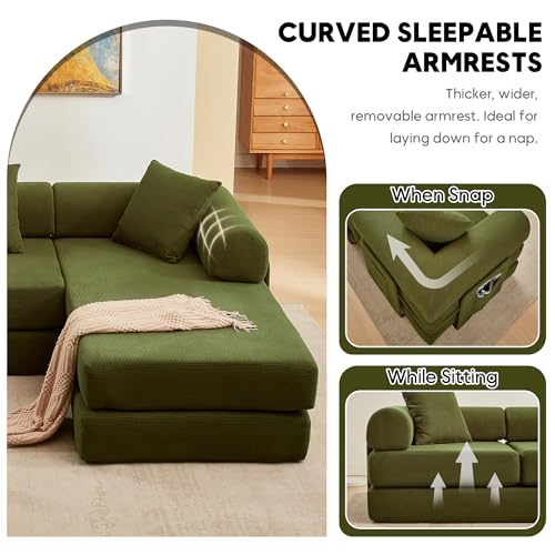 Image of 107 inch Modular Sectional Sofa Bed, L-Shape Corduroy Boneless Couch, Green