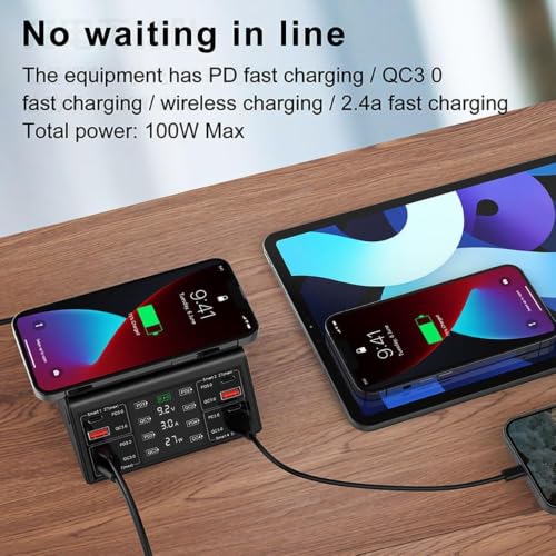 Image of 100W USB Charger Desktop 8-Port Charging Station Hub with Quick Charge 18W QC 3.0 USB Ports, with 27W PD Fast Charger Ports and LCD Display Wireless Charging Station for 1Phone 1Pad Galaxy (838W 100W)
