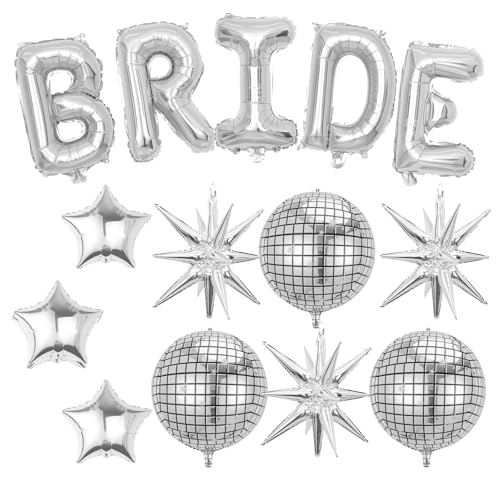 Image of Silver Bride Balloons Bachelorette Party Decorations, 32in Silver Giant Bride Balloons with 4D Disco Ball Balloon and Star Foil Balloon for Bridal Shower Wedding Engagement Party Supplies