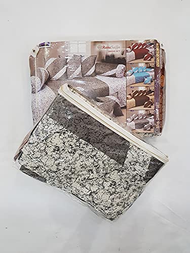 Image of Home Sajja Premium King Size Velvet Diwan Set of 8 Pieces (1 Diwan Sheet, 2 Bolster Covers with dori and 5 Cushion Covers) (Grey & Off White, Stripe)