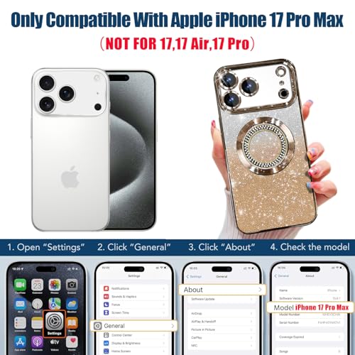 Image of Misscase for iPhone 17 Pro Max Magnetic Glitter Case Compatible with MagSafe,Full Protection Slim Shockproof Anti-Scratch Case with Camera Lens Protector Plating Bling Dust-Proof Net Gold