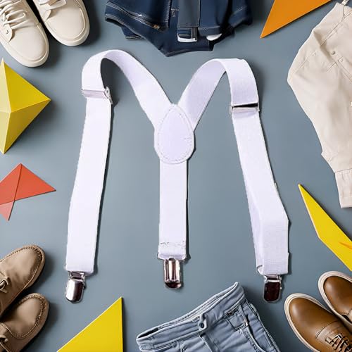 White Child Kids Girls Boys Suspenders Braces,Adjustable Clip on Y-Back Elastic Suspenders with Metal Clips for Boys Girls, for Kids Adjustable - Elastic Y Shape Suspender3