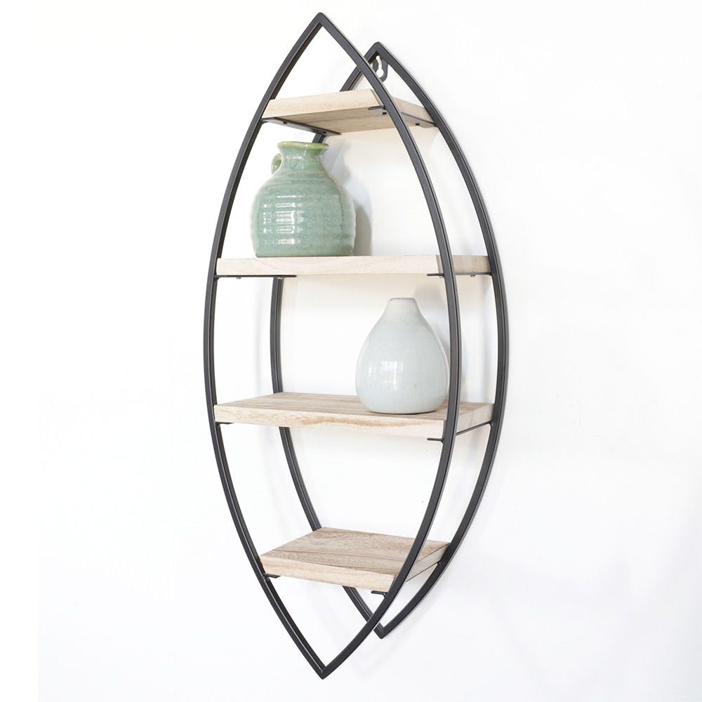 IVOL Design Metall Wandregal - Schwarz - Oval mit 4 Holzböden (36 x 80 cm)