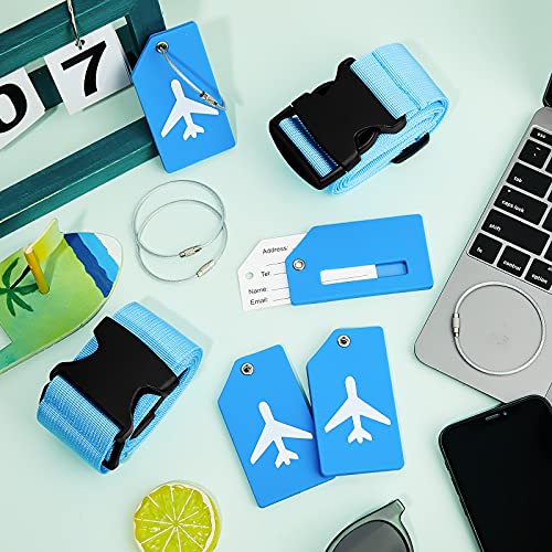 Image of Weewooday 8 Pcs Luggage Straps Suitcase Tags Set for TSA Approved, 4 Travel Adjustable Suitcase Belt, 4 Silicone Luggage Tags with Name ID Card Travel Accessories(Blue,Airplane)