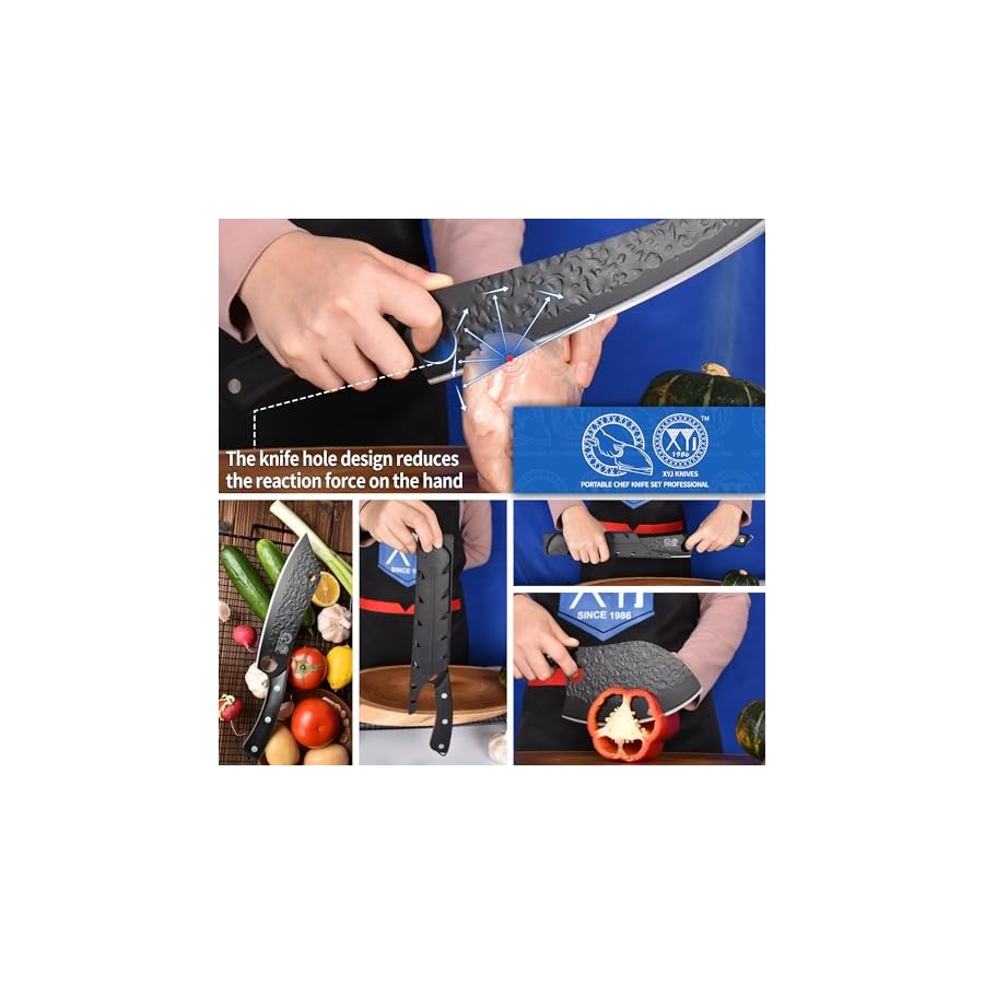 XYJ Professional Black Kitchen Knife Set with High-Carbon Steel forged Blades, Chef's Knife, Cleaver, Carving Knife, Nakiri, Full Tang Design, Includes Carrying Bag & Poultry Scissors,Christmas Gifts