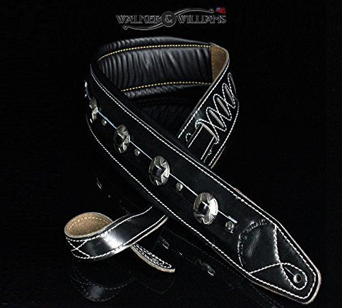 Walker & Williams C-44-Blk Classic Gloss Black Premium Grain Leather Double Padded Concho Strap 3.5" Wide For Acoustic, Electric, And Bass Guitars #TOP6