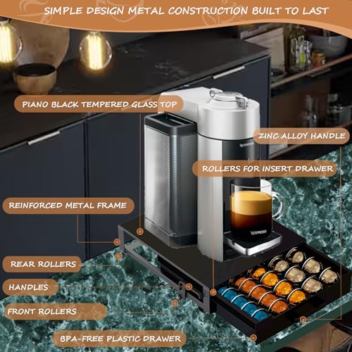 Coffee Pod Holder Rolling Drawer Organizer with Deluxe Piano Black Tempered Glass Top, Compatible for All Nespresso Vertuo Pods, Holds up to 75 Small or 50 Big Vertuo Pods