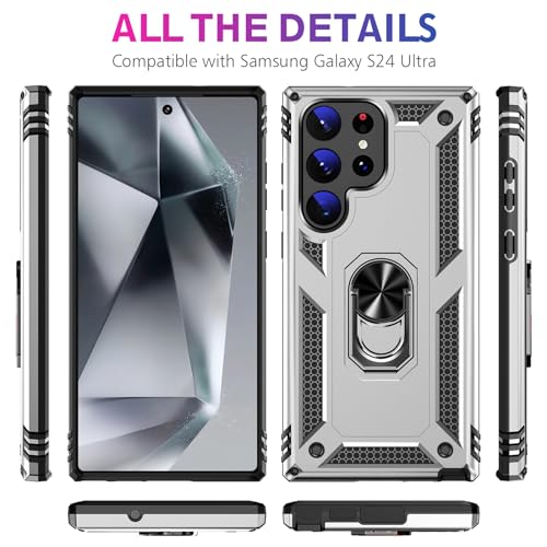 Image of for Samsung Galaxy S24 Ultra Case with Screen Protector, Military Grade Rugged Shockproof Heavy Duty S24 Ultra 5G Protective Cover for Samsung S24 Ultra Magnetic Ring Kickstand Phone Case (Silver)