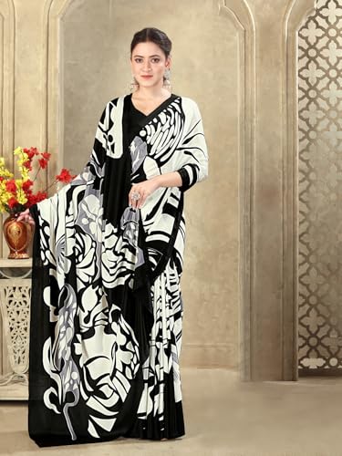 Image of SIRIL Women's Crepe Silk Printed Saree with Unstitched Blouse Piece