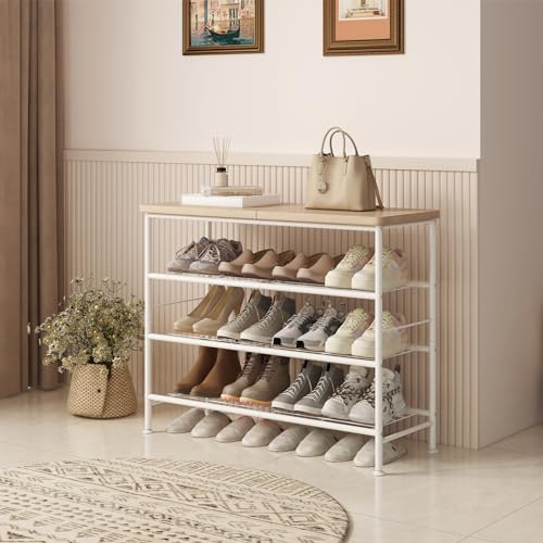 Image of SUOERNUO Shoe Rack Organizer 4 Tier for Closet Entryway Free Standing Metal Storage Shoe Shelf with MDF Top Board,White+Oak