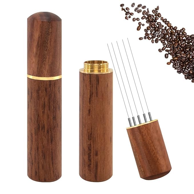 Bitrexup Espresso Coffee Stirrer, Espresso Distribution Tool Coffee Stirring Tool,Professional Barista Hand Needle Type Distribution Tool 5 Needles 0.4mm Natural Wood Handle and Stand