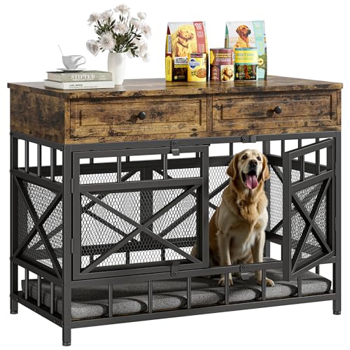 IRONCK 44 inch Large Dog Crate Furniture, Wooden Dog Kennel with Storage Drawers for Medium/Large Dogs, Decorative Dogs Kennel Indoor, Rustic Brown
