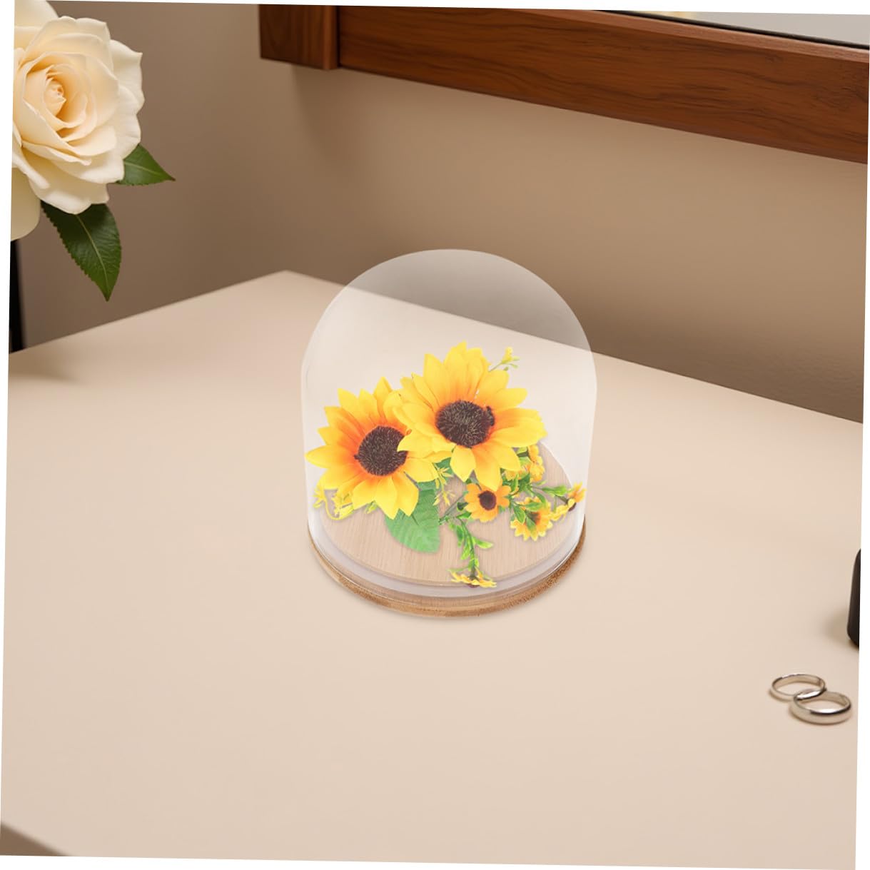 Cloche en verre avec cloche cylindrique en forme de fleur éternelle 15 x 15 cm avec base en bambou pour décoration d'intérieur et vitrine d'objets de collection