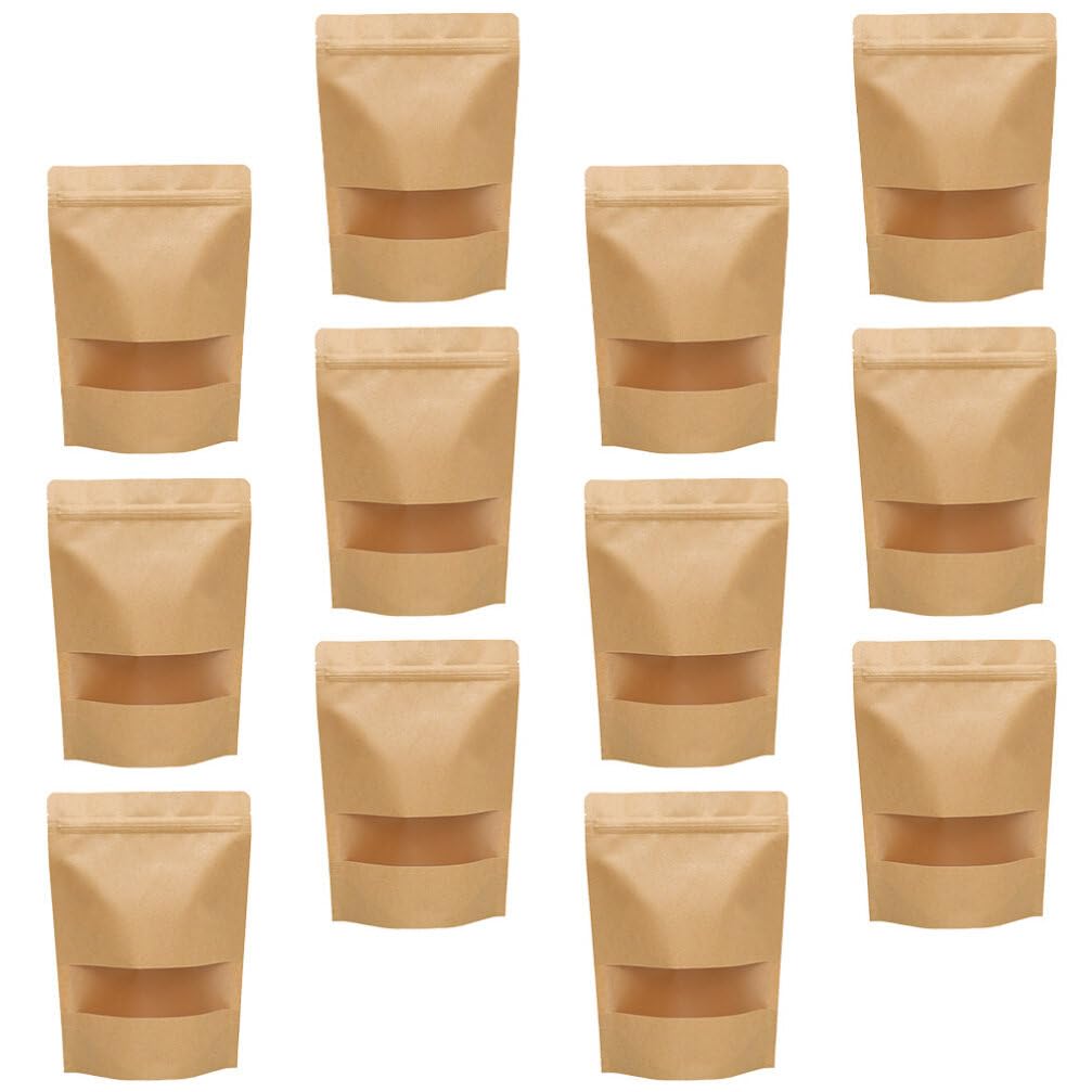 TAKESHKraft Paper Stand Up Bag Food Bag Stand up Resealable: 100pcs Food Pouches Snack Nuts Window Bags Reusable Food Storage Bag Stand Up Snack Pouch/6088