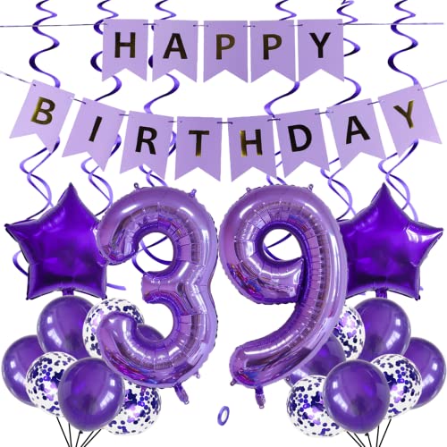 SNOWZAN Globos 39 cumpleaños Decoración Púrpura 40 pulgadas Número gigante Globos, Globos de lámina de látex 25 piezas