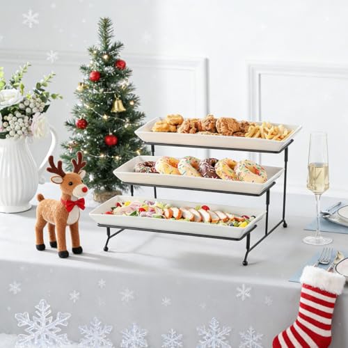 MALACASA 3 Tier Serving Tray, Porcelain Tiered Cupcake Stand, Ceramic Elevated Serving Platter with Collapsible Sturdier Rack,Series PLAT (White, 14 Inch) - Thumbnail 5