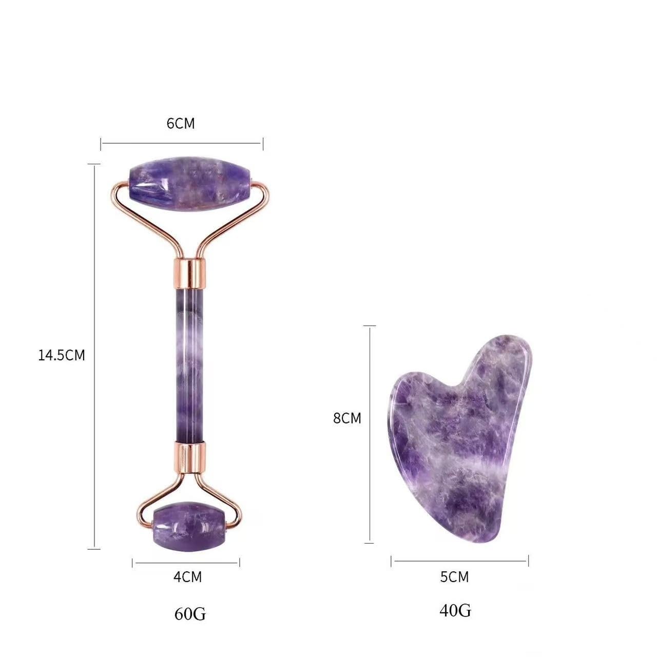 Gua Sha Stein, Amethyst Rohstein Amethyst Sägezahn Gesichtsroller Silikonkappen Gua Sha Pflegewerkzeug-Sets Naturstein Quarz Lila