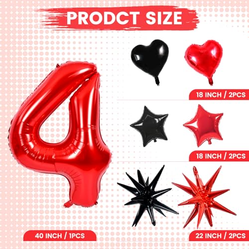Image of TONIFUL 4th Birthday Balloons Kit 40 Inch Red Large Number 4 Foil Balloon | with 18Inch Helium Mylar Heart Star Balloons for Kids Women Men Birthday Anniversary Graduation New Year Eve Party Decoration
