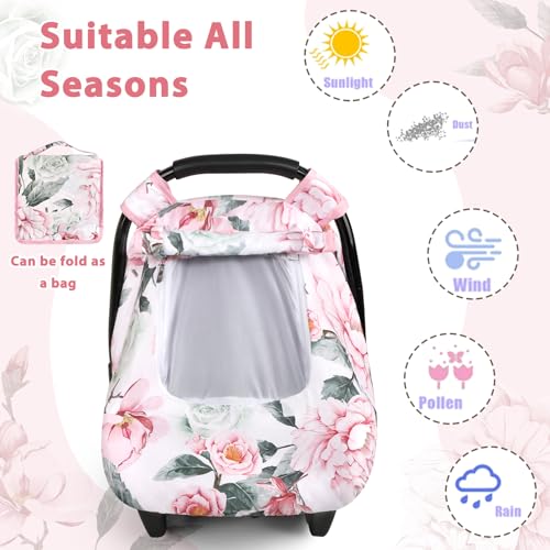 Image of Pea Pod Car Seat Cover for Baby Girls, Floral Infant Car Seat Canopy Cover for Newborn, with 2 Layers Windows of Breathable Mesh /Fabric, 3D Minky Dot Backing, Ultra Soft & Comfortable