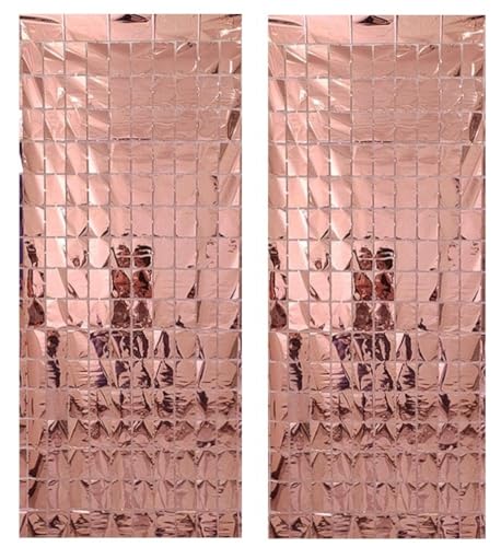 Image of AMFIN (Pack of 2) Square Foil Curtains for Birthday Decoration Photo Booth Props Backdrop Baby Shower Bachelorette Party Decorations - Rose Gold