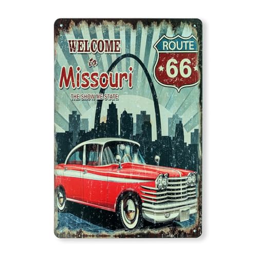 Image of Decorative Retro Metal Signs Wall Plate - 12x8 Inch (Welcome to Misouri) | Weatherproof Vintage Metal Sign Plate for Cafe, Home, Bar, Garage | Decorative Wall Hanging Sign Board