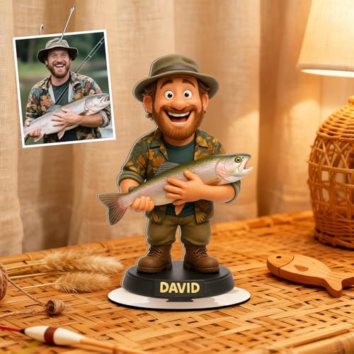 Soview Figurine Personnalisée avec Photo de Pêche Cadre Photo Personnalisé pour Papa Homme 3D Effet Animé Portrait Décoration de Maison Cadeau Personnalisé pour Noël la Saint Valentin Cadeau Pecheur