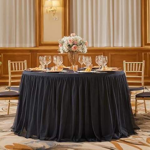 Suppromo Tulle Black Round Tablecloths for 60 inch Table Wrinkle Free 120inch Fitted Round Table Cloths Cover with Skirt for Party, Wedding, Birthday, Baby Shower, Banquet, Home Decoration Cover