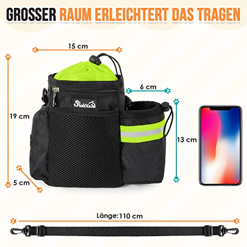 Eyein Leckerlibeutel für Hunde, Futterbeutel Hunde mit Kotbeutelspender und Wasserflaschenhalter, DREI Verwendungsarten-Hunde Leckerlitasche mit Verstellbarer Schultergurt/Gürtel/Gürtelclip, Grün