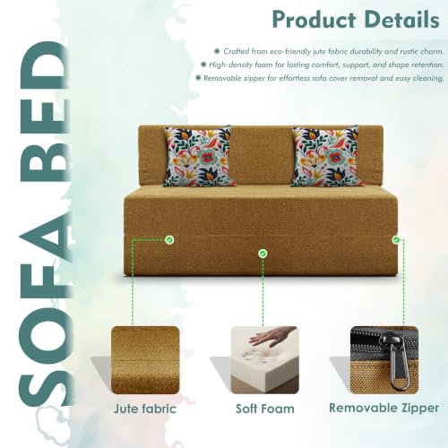 Image of Los Angeles Foldable Two Seater Sofa Cum Bed, Sofa Bed 4 X 6 Feet Jute Fabric Washable Cover- Including Cushion Perfect for Living Room - Golden