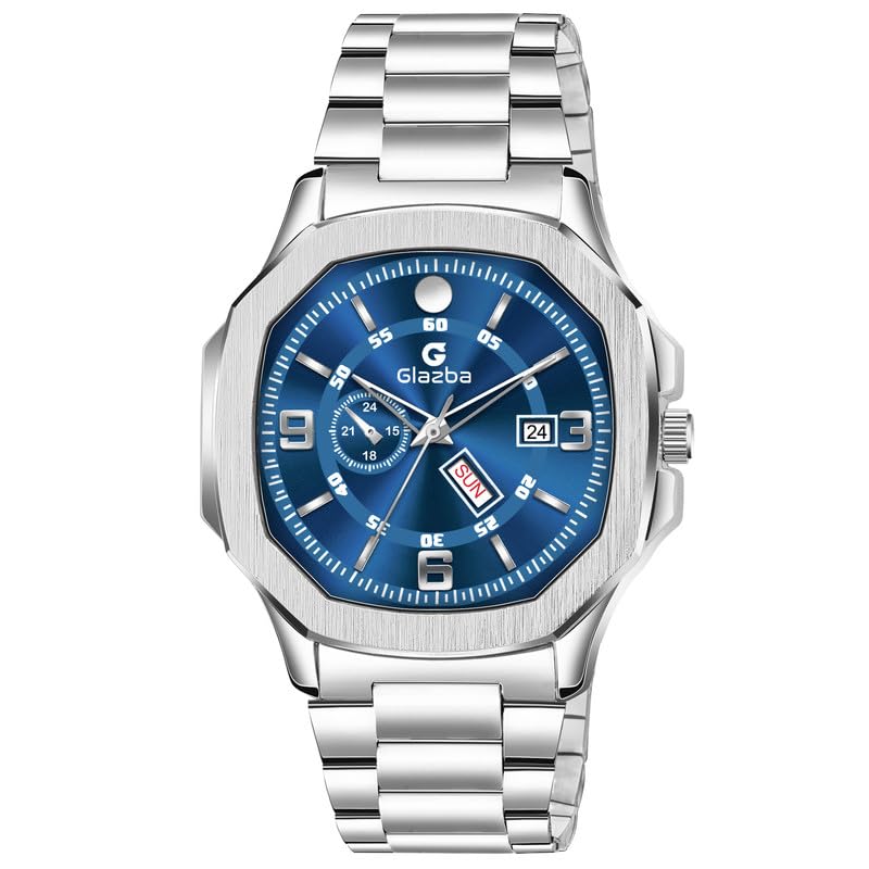 Glazba Mens Stainless Steel Chain Strap Hexagon Analog Wrist Watch for Boys with Blue Dial and Date Day Aperture Functioning (Silver) (B0CW5XPBZS) Amazon Price History, Amazon Price Tracker