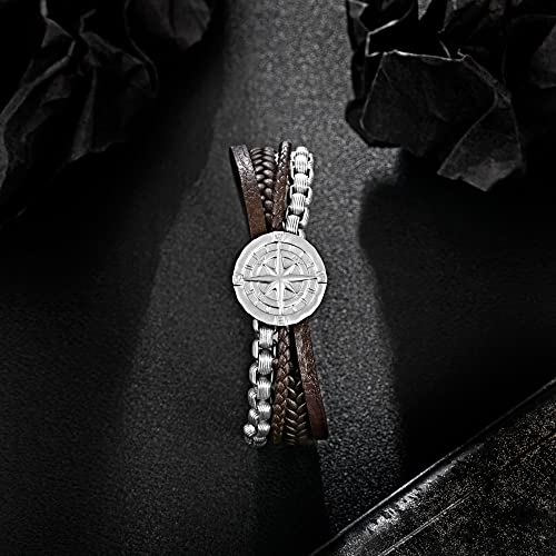 Image of murtoo Men's Bracelet Leather with Compass, Braided Leather Bracelets for Men Magnetic Clasp 7.5 /8.5 /9.5 inch Gift for Husband Boyfriend Father
