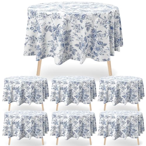 Image of Ganeen 6 Pcs Blue Floral Plastic Tablecloth 84 Inch Round Vintage Floral Tablecloth Disposable Round Flower Waterproof Table Covers for Birthday Wedding Baby Shower Picnic Dinner Party Decoration