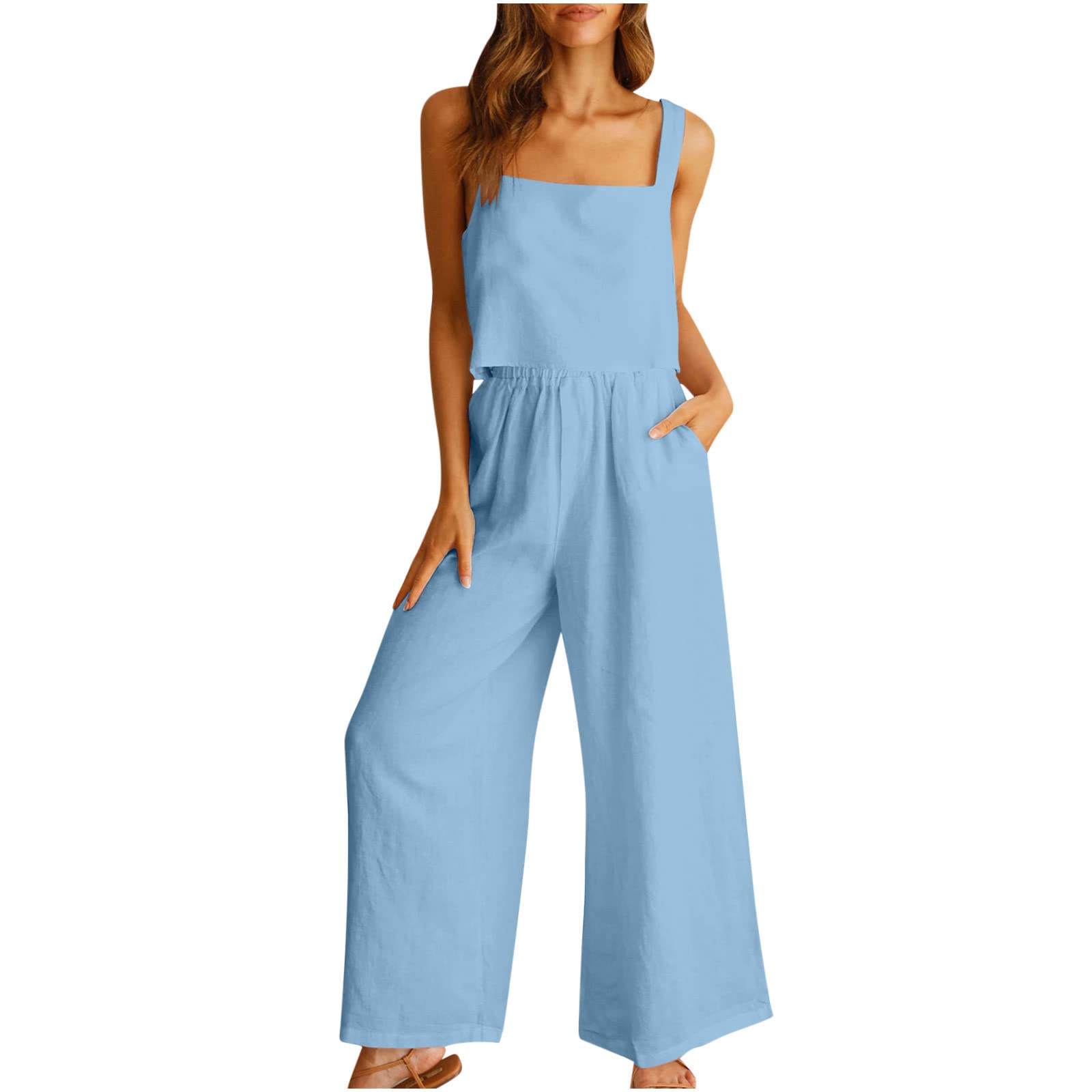 Cotton Linen 2 Piece Set for Women Summer Outfits Sexy Crop Tank Top Sleeveless Shirt and Wide Leg Pants with Pockets