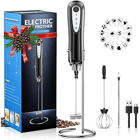 CAVN Elektrischer Milchaufschäumer mit Edelstahlständer, 2 in 1 Doppeltem Quirl 3-Gang USB Aufladbar Handheld Milchaufschäumer Mixer Milk Frother Milchschaum Eier Schlagen für Kaffee Latte Cappuccino Cover