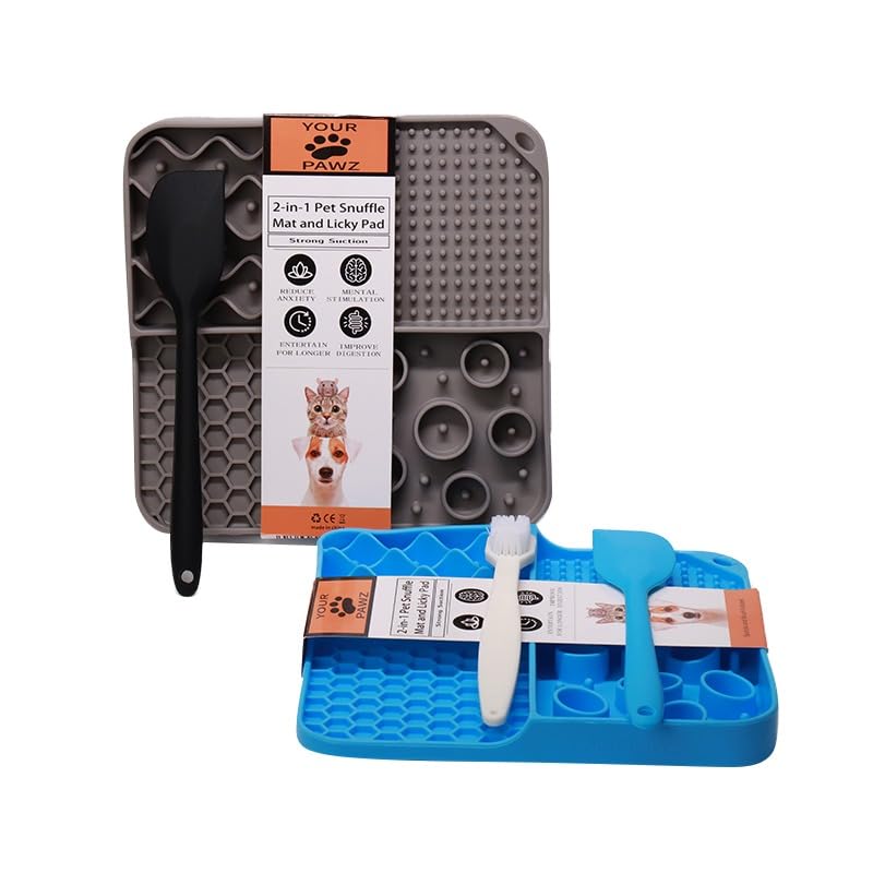 2-in-1 Dog Cat Pet Snuffle Mat & Licky Pad, Slow Feeder, Boredom Buster, Anxiety Relief. Plus Silicone spatula & cleaning brush for your convenience! (Blue)