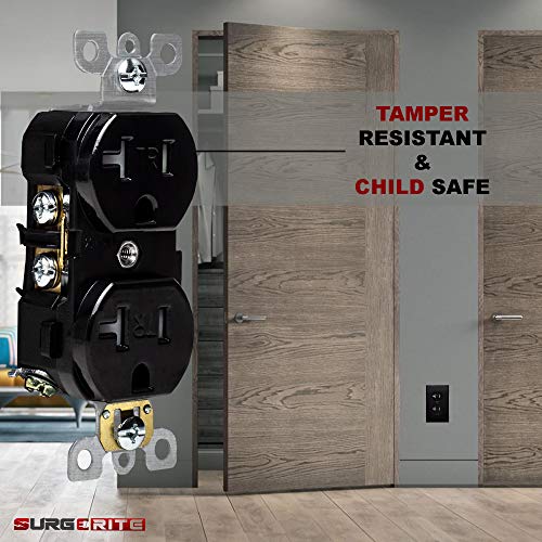 SURGERITE [1 Pack] Black, 20A Duplex Receptacle Outlet, Tamper-Resistant, Residential Grade, 3-Wire, Self-Grounding, 2-Pole, 125V, UL Listed
