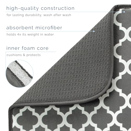 Image of S&T INC. Dish Drying Mat XL, 18 inch x 24 inch, Absorbent Microfiber Kitchen Counter Mat, Dish Drying Pad for Dishes, Utensils, Pots and Pans, Extra Large, Pewter Grey Trellis