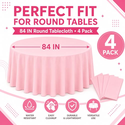 Image of WNINK 4 Pack Light Pink Round Tablecloth, 84 Inch Disposable Plastic Table Covers, Light Pink Round Table Cover for Birthday Parties, Holiday, Picnic, BBQ, Family Gathering Party Supplies