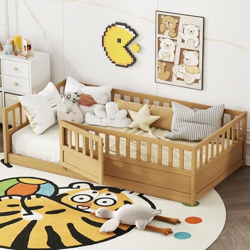 Twin Floor Bed with Slats and High Fence, Twin Size Montessori Floor Beds with Door, No Box Spring Needed, Easy Assemble Montessori Bed Frame(Natural Twin) - Image 5