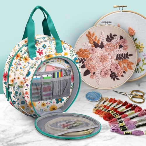 Image of FINPAC Embroidery Project Bag, Embroidery Supplies Storage Carrying Tote Case with Multiple Pockets for Floss, Hoops, Thread, Stitch Tools Kit [Bag Only], Apricot Bloom