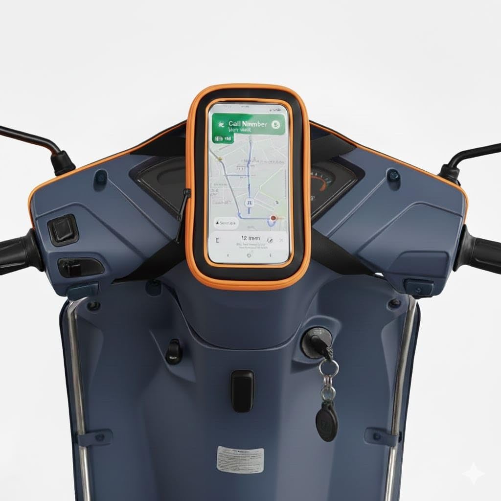 Polyester Handlebar Universal Mobile Holder Mount Pouch Bag Waterproof for Activa Jupiter EV Ola-S1 Pleasure Ntroq_All Scooter Scooty Bike Fit 7 inches Phone (Orange)-image-26