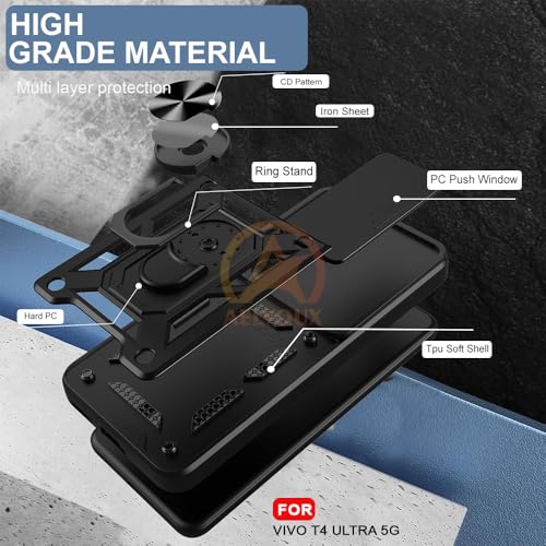 Image of Armor Bumper Back Cover Case for Vivo T4 Ultra 5G Rotating Camera Cover, Ring Holder & Kickstand | Heavy Duty & 360 Degree Protection Vivo T4 Ultra 5G Back Cover (Black)