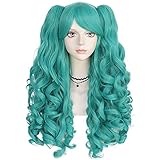 Anogol Hair Cap+ Long Teal Green Curly Ponytail Wig Turquoise Wig with 2 Ponytails Lolita Wig Teal Wig with Bangs for Women Anime Wig Peluca Aqua for Cosplay Costume Halloween Party