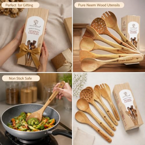 Image of Wooden Spatula & Ladles | Neem Wood Utensils for Cooking | Lakadi ka Chamach | Non-Stick Cookware Safe | Wooden Cooking Spoon Set | Kitchen Tools | Made in India - Set of 6