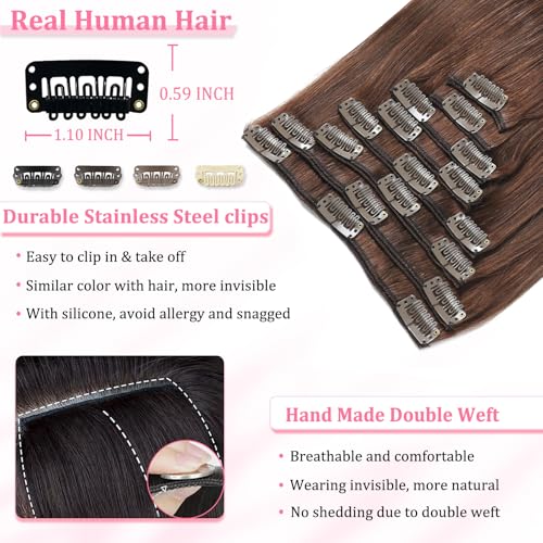 Image of Clip in Hair Extensions Real Human Hair, Human hair Clip ins Extensions | Seamless Invisible Human Hair Extensions Clip ins Straight 8Pcs Double Weft Tangle Free, No Shedding Chocolate Brown 18 inch 100g