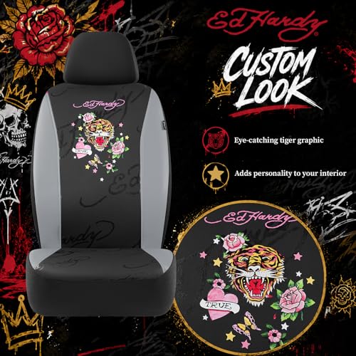 ED HARDY Tiger Print Car Seat Covers, Gray Premium Leather Front Seat Covers, Universal Fit Automotive Covers for Most Cars, Trucks & SUVs, Airbag Compatible, Waterproof, Scratch Resistant by ED HARDY - Used condition - Image 2