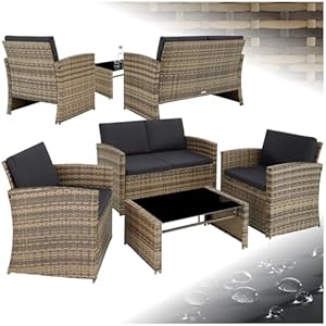 TecTake® Salon de Jardin Exterieur en Résine ressée 4 Places Table de Jardin, 1 Canapé, 2 Fauteuils, Coussins Inclus, Mobilier de Jardin - Marron Naturel/Gris foncé